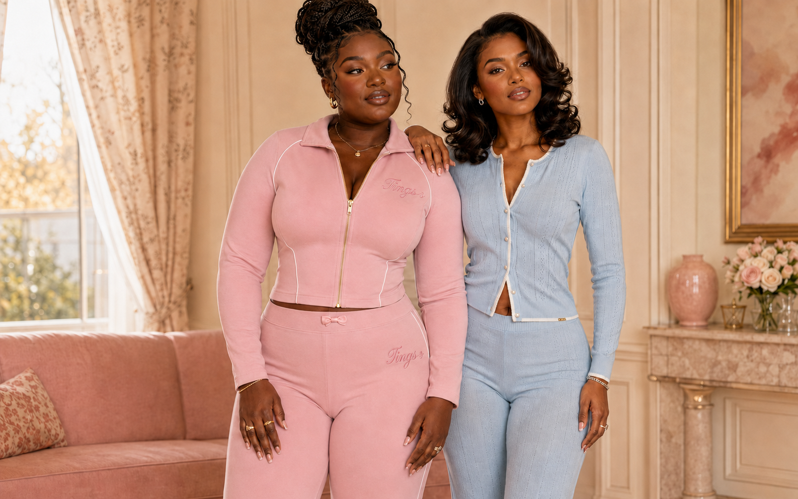 Two Black women wearing pastel Tings sets in an elegant salon