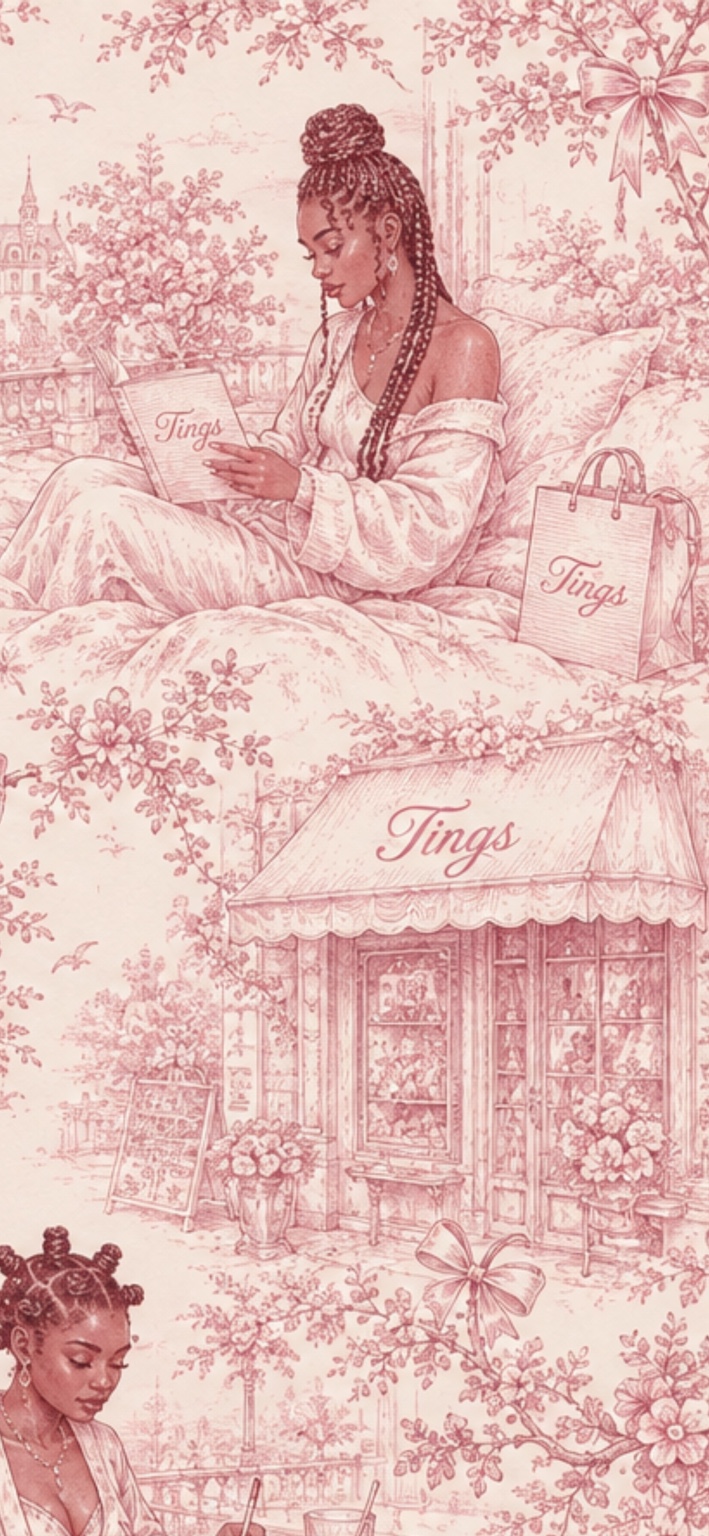 Pink Tings toile artwork featuring illustrated women, bows, flowers, and the Tings boutique